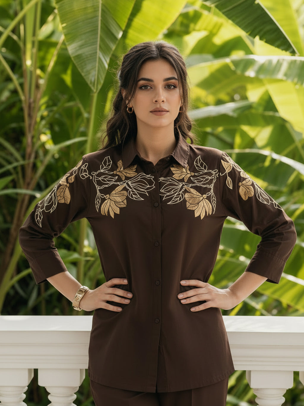 Zummer Brown Embroidered Cotton Co-Ord Set for Women