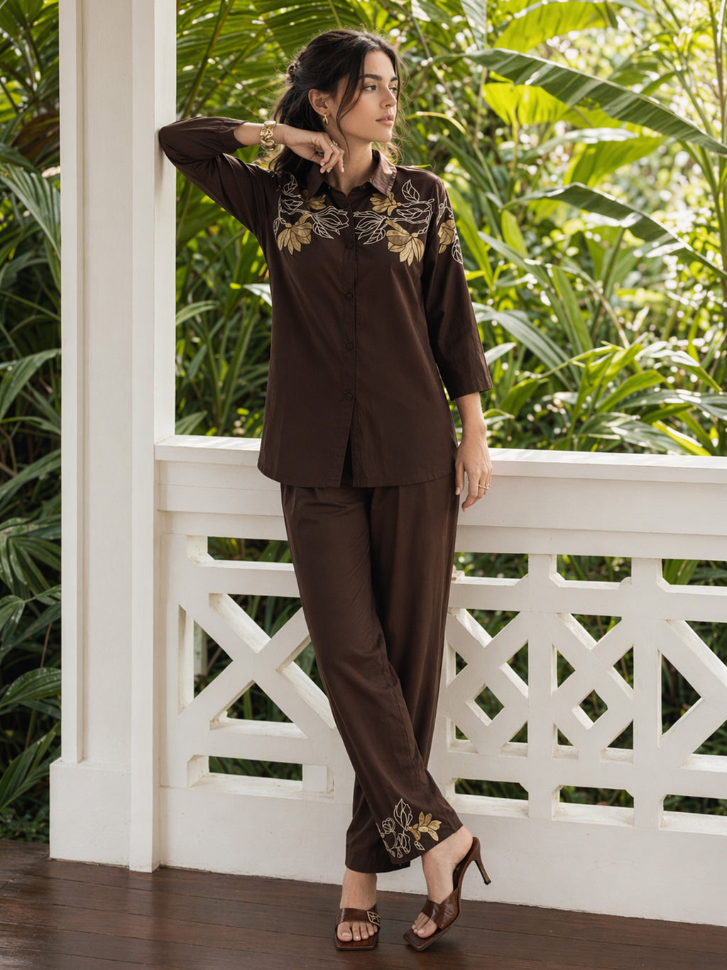 Zummer Brown Embroidered Cotton Co-Ord Set for Women