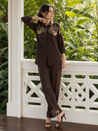 Zummer Brown Embroidered Cotton Co-Ord Set for Women