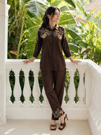 Zummer Brown Embroidered Cotton Co-Ord Set for Women