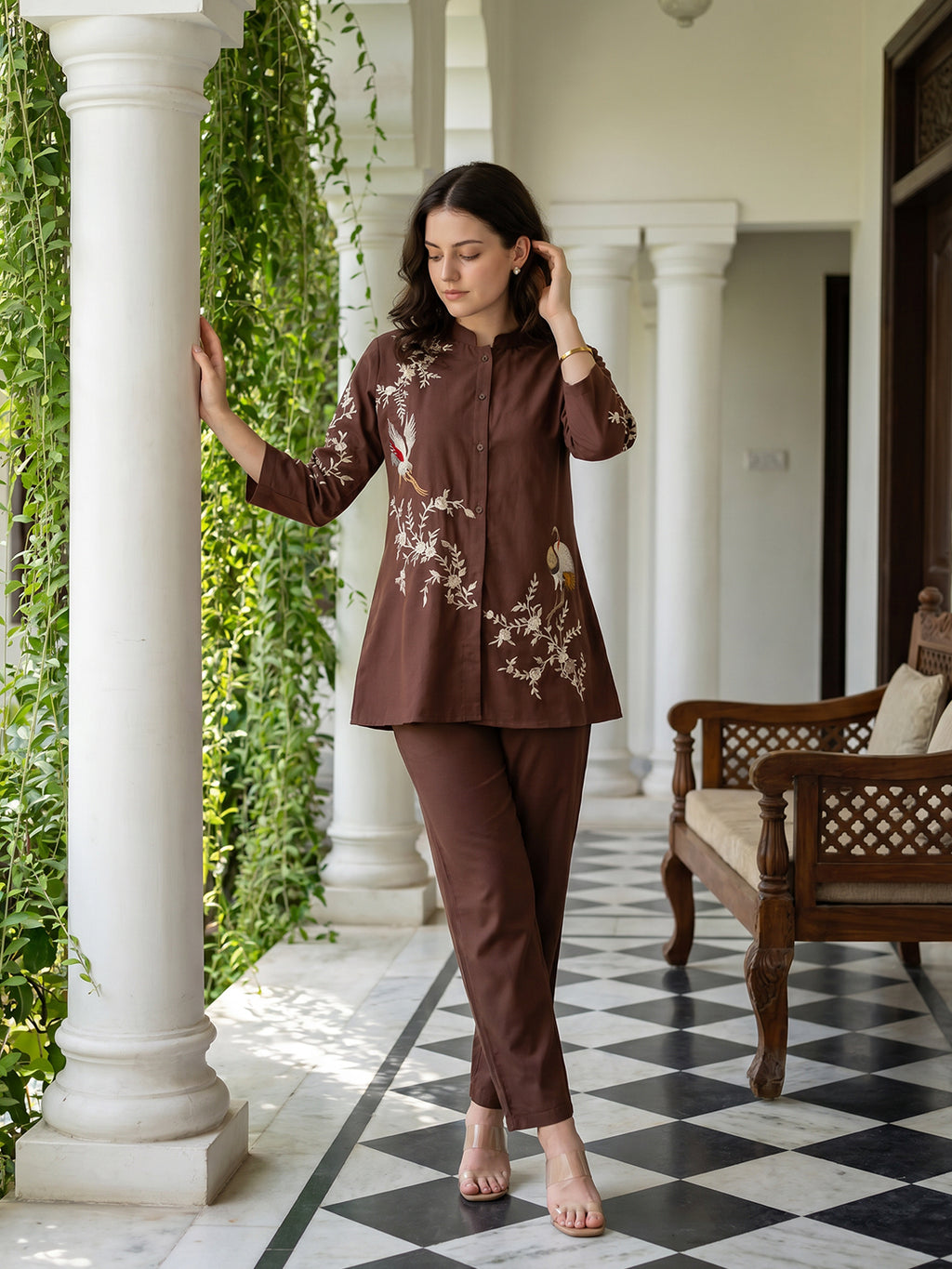 Zummer Embroidered Co-ord Set – Brown Tunic & Trousers