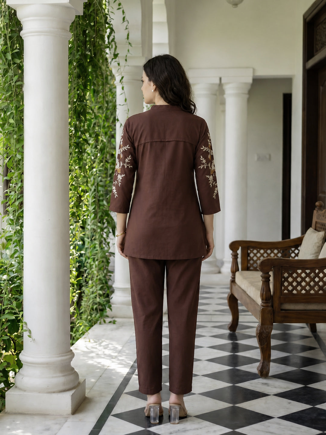 Zummer Embroidered Co-ord Set – Brown Tunic & Trousers
