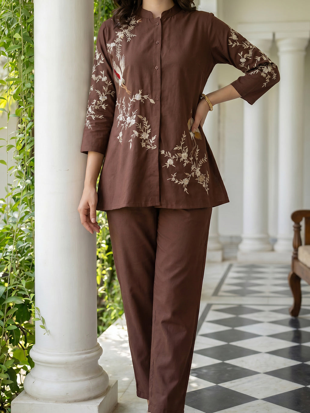 Zummer Embroidered Co-ord Set – Brown Tunic & Trousers