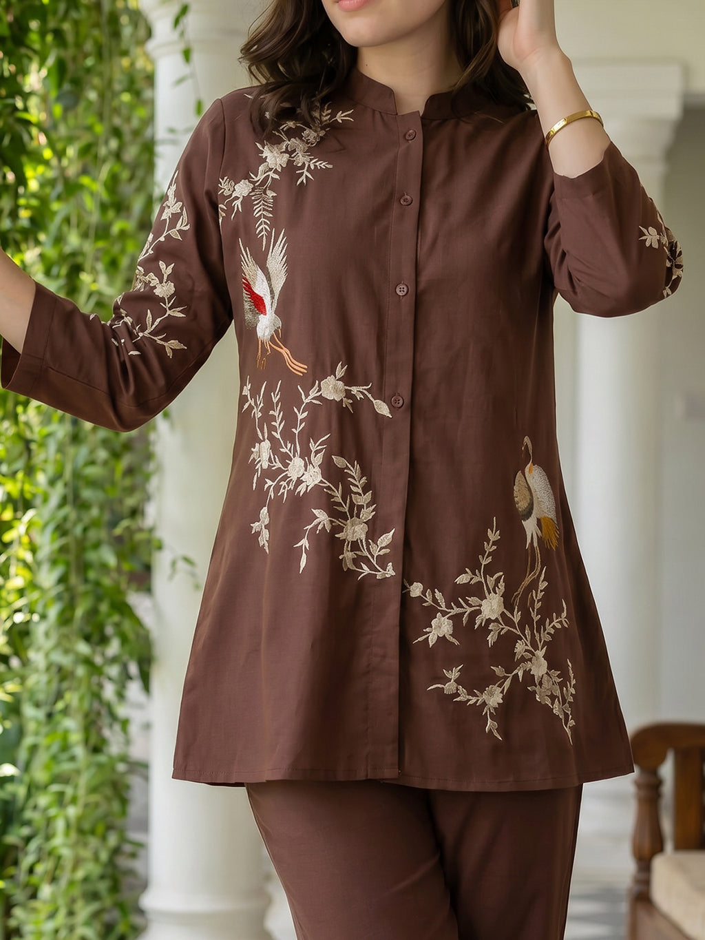 Zummer Embroidered Co-ord Set – Brown Tunic & Trousers