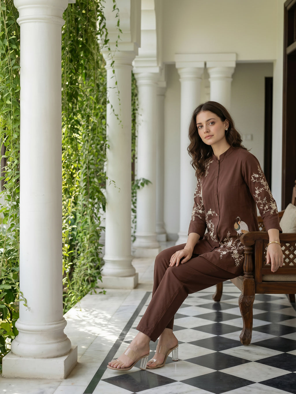 Zummer Embroidered Co-ord Set – Brown Tunic & Trousers