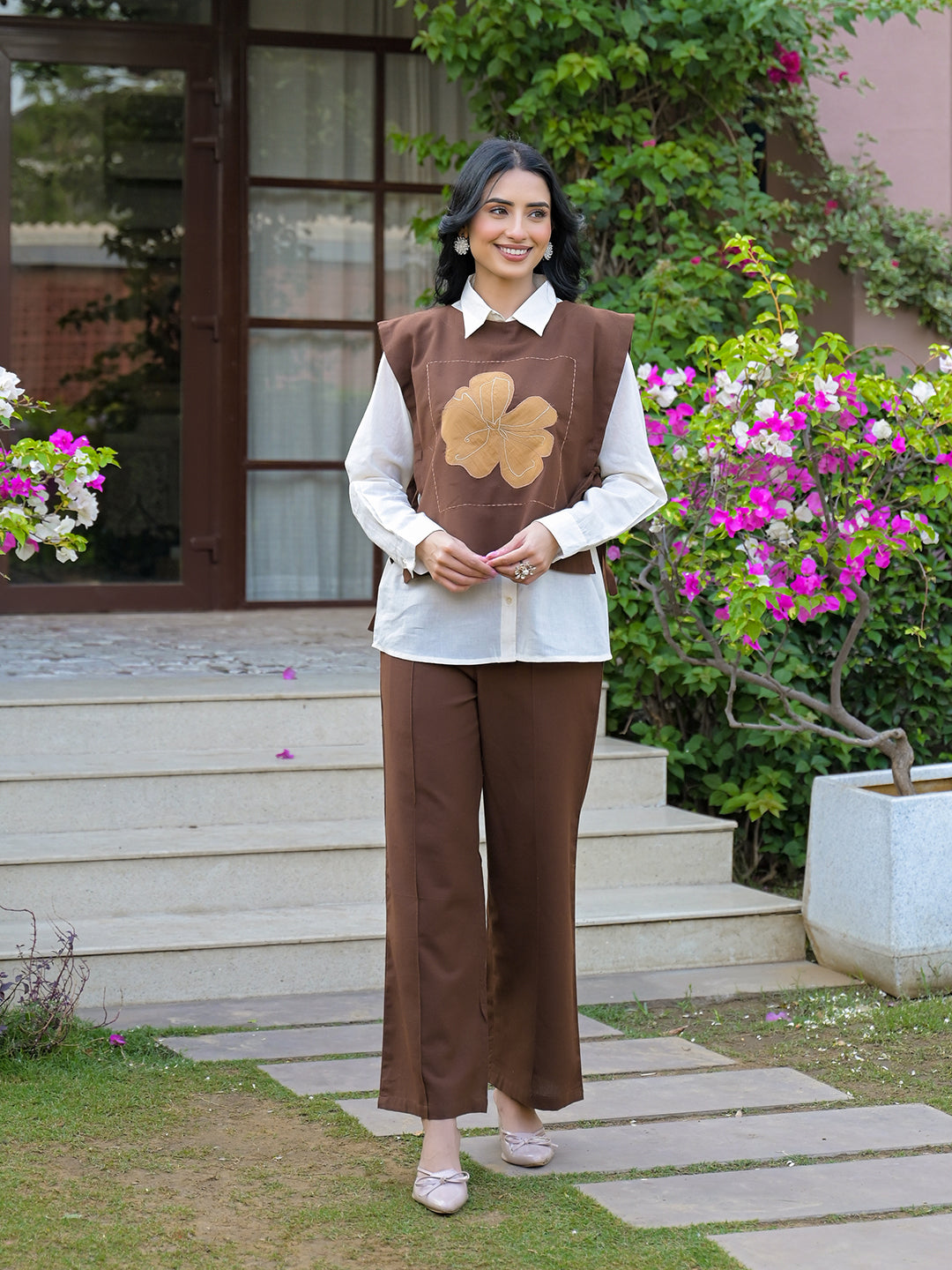 Zummer Coffee Brown Appliqué Jacket Co-Ord Set for Women