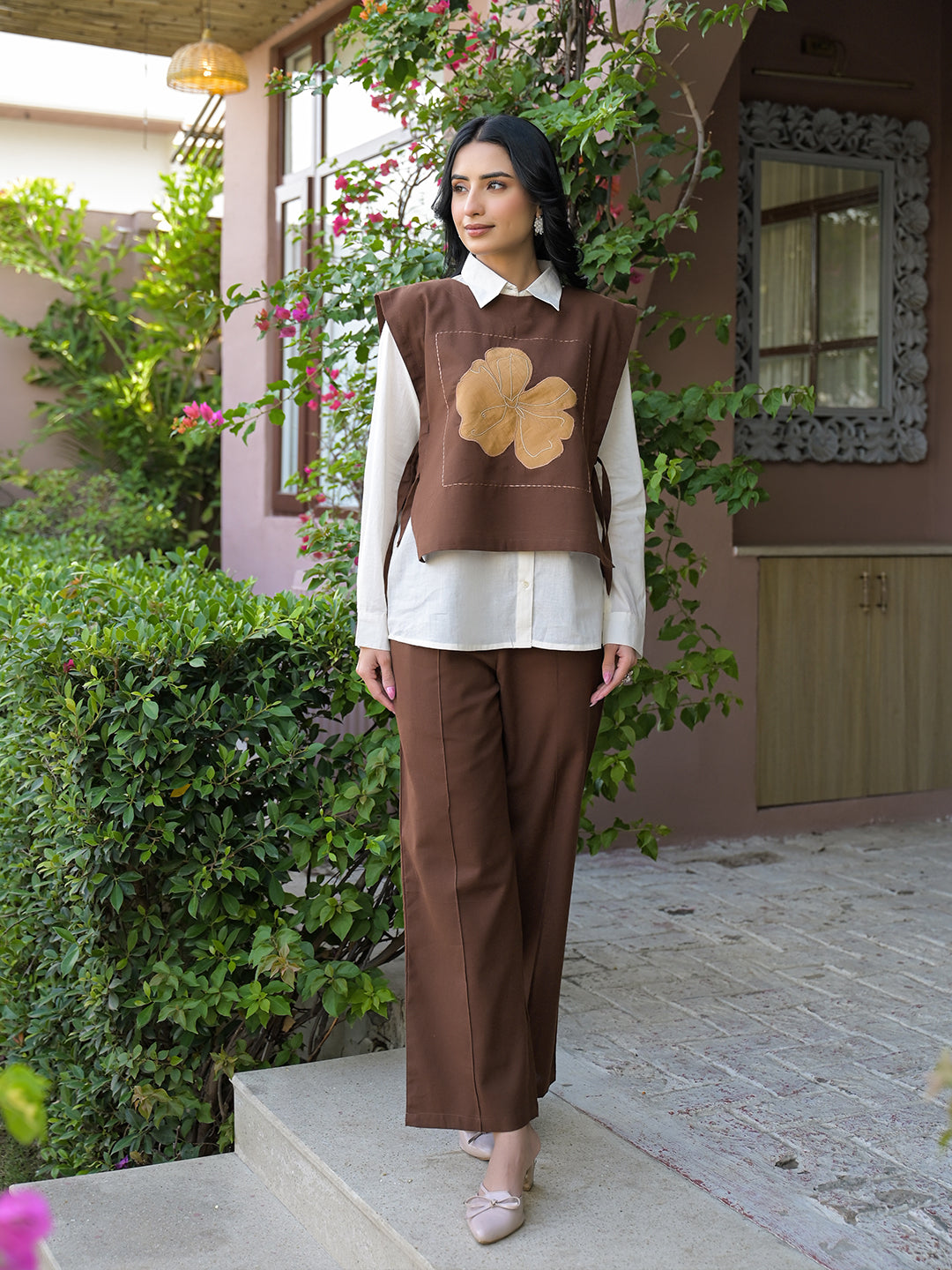 Zummer Coffee Brown Appliqué Jacket Co-Ord Set for Women