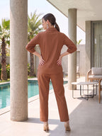 Zummer Women Brown Embellished Pure Cotton Shirt & Trouser Co-Ord Set