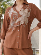 Zummer Women Brown Embellished Pure Cotton Shirt & Trouser Co-Ord Set