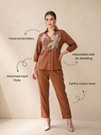 Zummer Women Brown Embellished Pure Cotton Shirt & Trouser Co-Ord Set