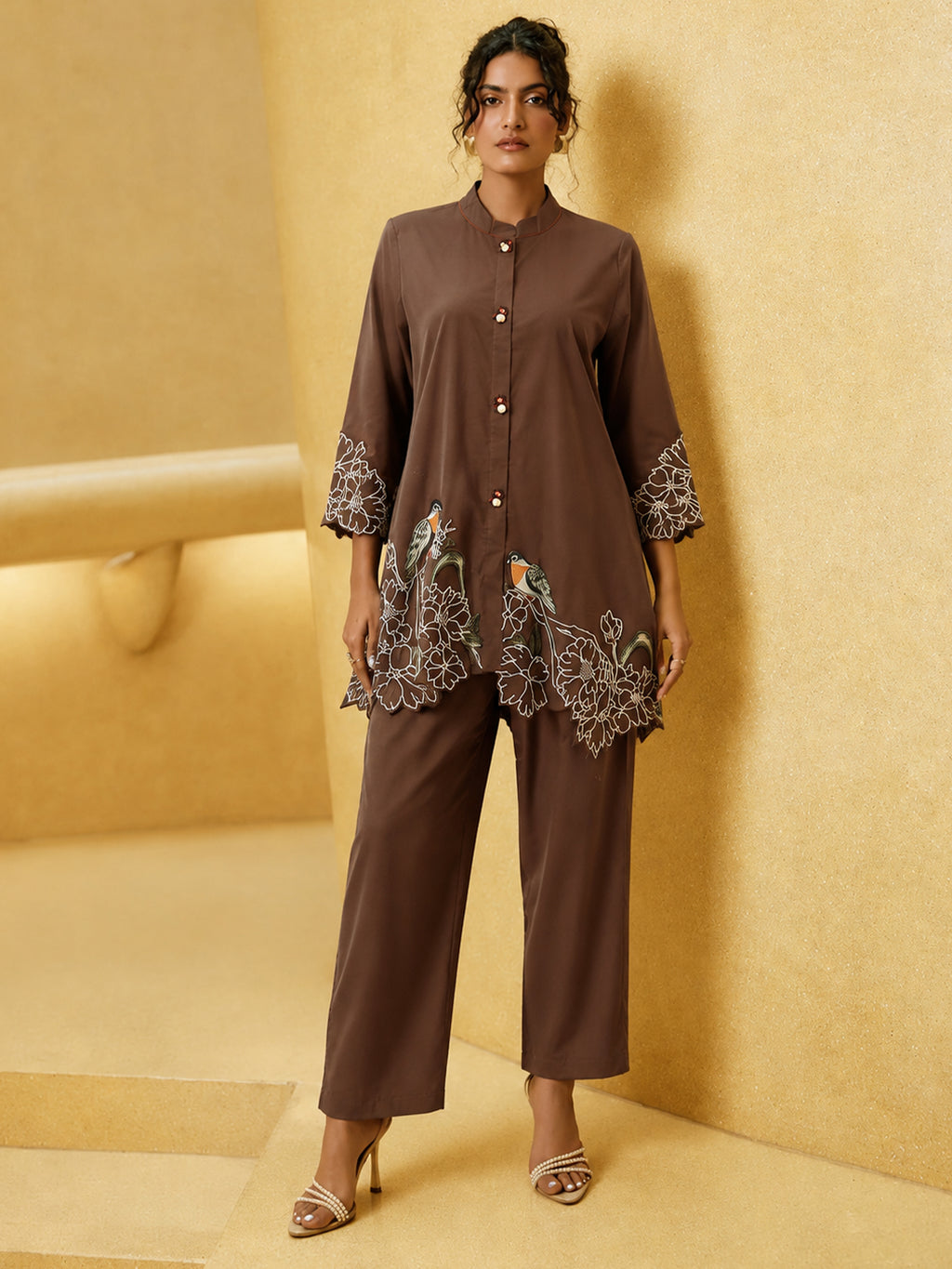 Zummer Women’s Brown Embroidered Co-Ord Set with Mandarin Collar Tunic & Trousers