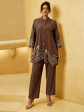 Zummer Women’s Brown Embroidered Co-Ord Set with Mandarin Collar Tunic & Trousers