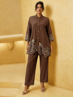 Zummer Women’s Brown Embroidered Co-Ord Set with Mandarin Collar Tunic & Trousers