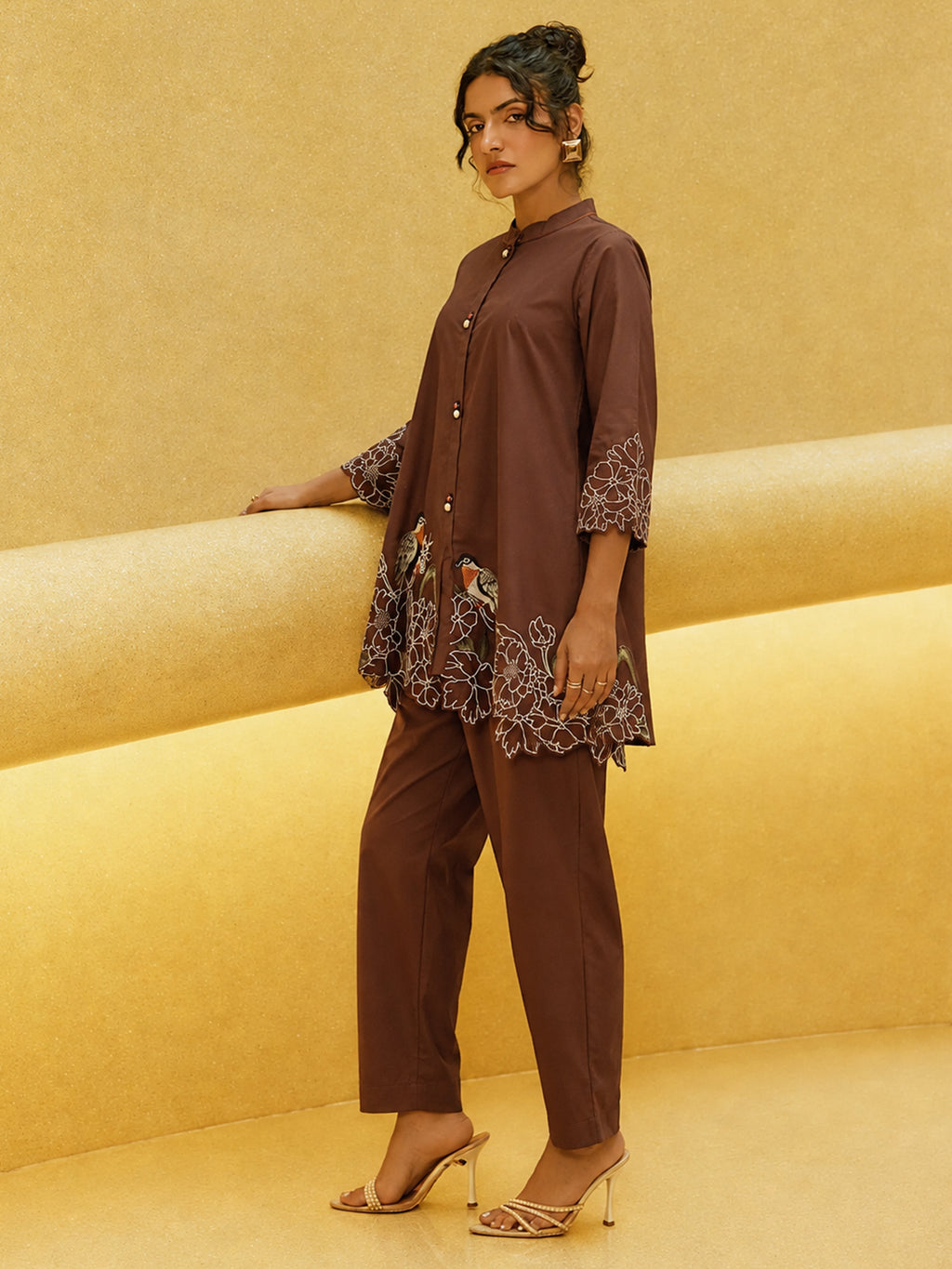 Zummer Women’s Brown Embroidered Co-Ord Set with Mandarin Collar Tunic & Trousers