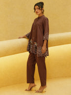 Zummer Women’s Brown Embroidered Co-Ord Set with Mandarin Collar Tunic & Trousers
