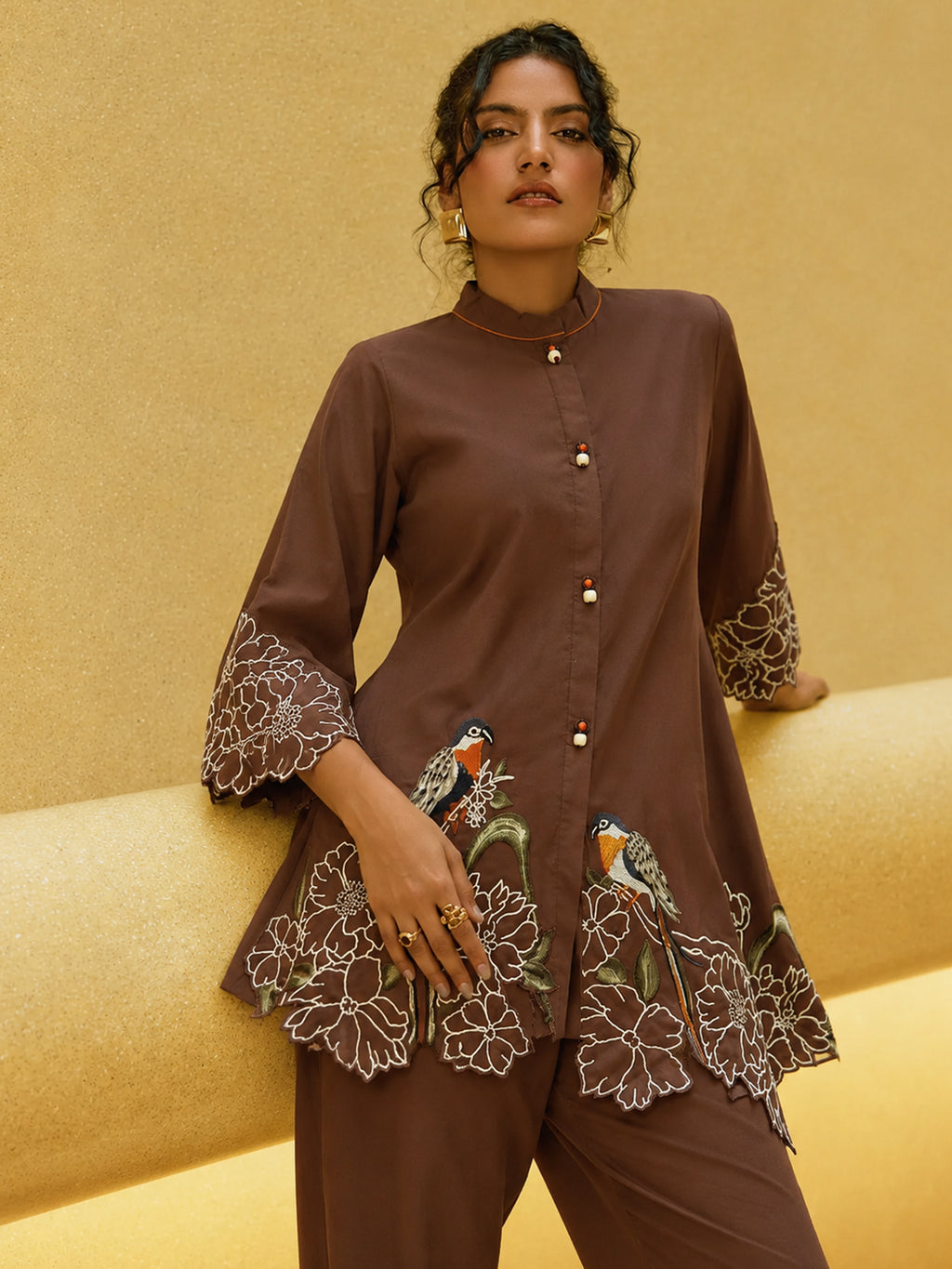 Zummer Women’s Brown Embroidered Co-Ord Set with Mandarin Collar Tunic & Trousers