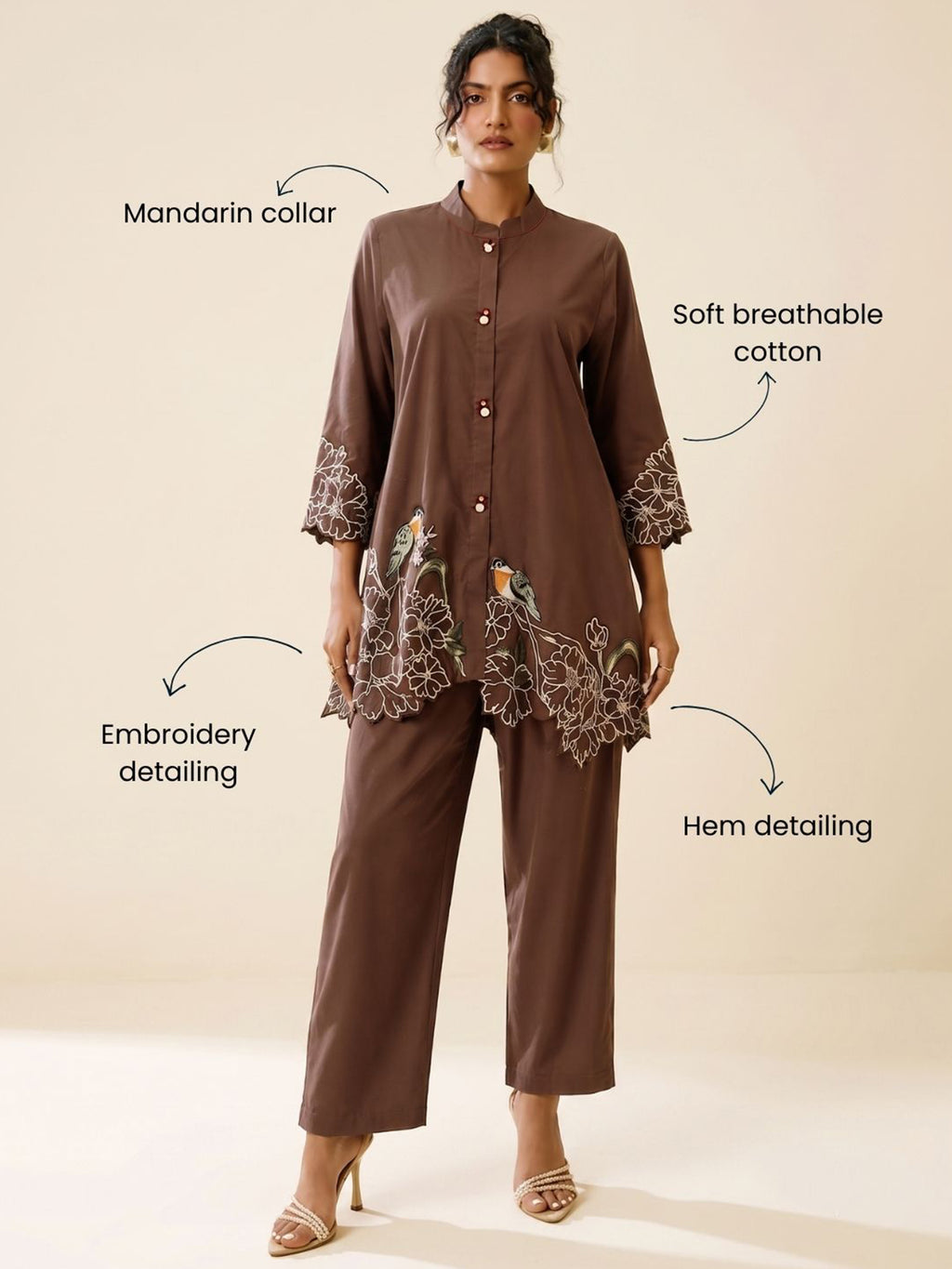 Zummer Women’s Brown Embroidered Co-Ord Set with Mandarin Collar Tunic & Trousers