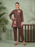 Zummer Women's Brown Embroidered Cotton Co-Ord Set with Mandarin Collar