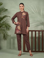 Zummer Women's Brown Embroidered Cotton Co-Ord Set with Mandarin Collar