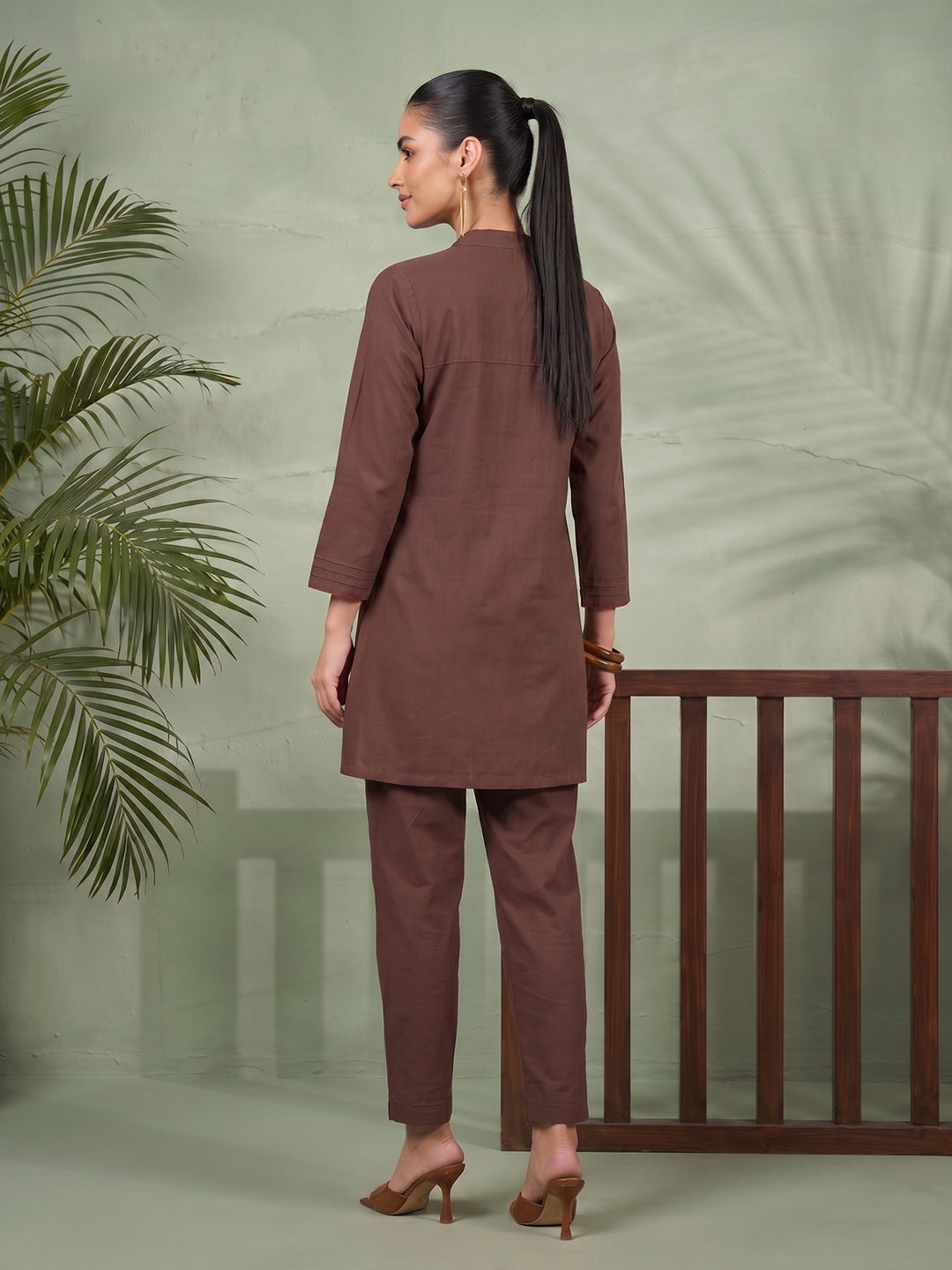 Zummer Women's Brown Embroidered Cotton Co-Ord Set with Mandarin Collar