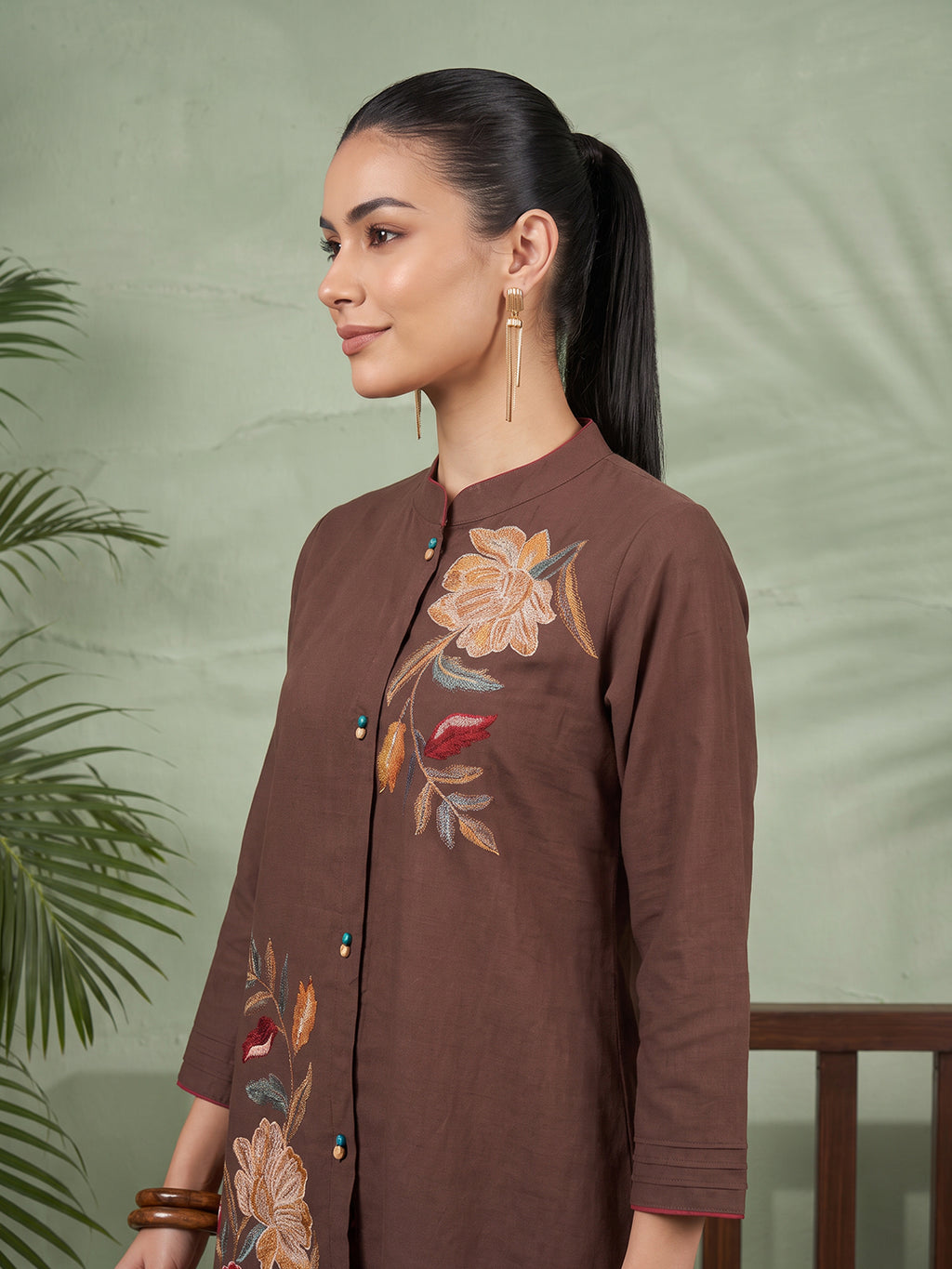 Zummer Women's Brown Embroidered Cotton Co-Ord Set with Mandarin Collar