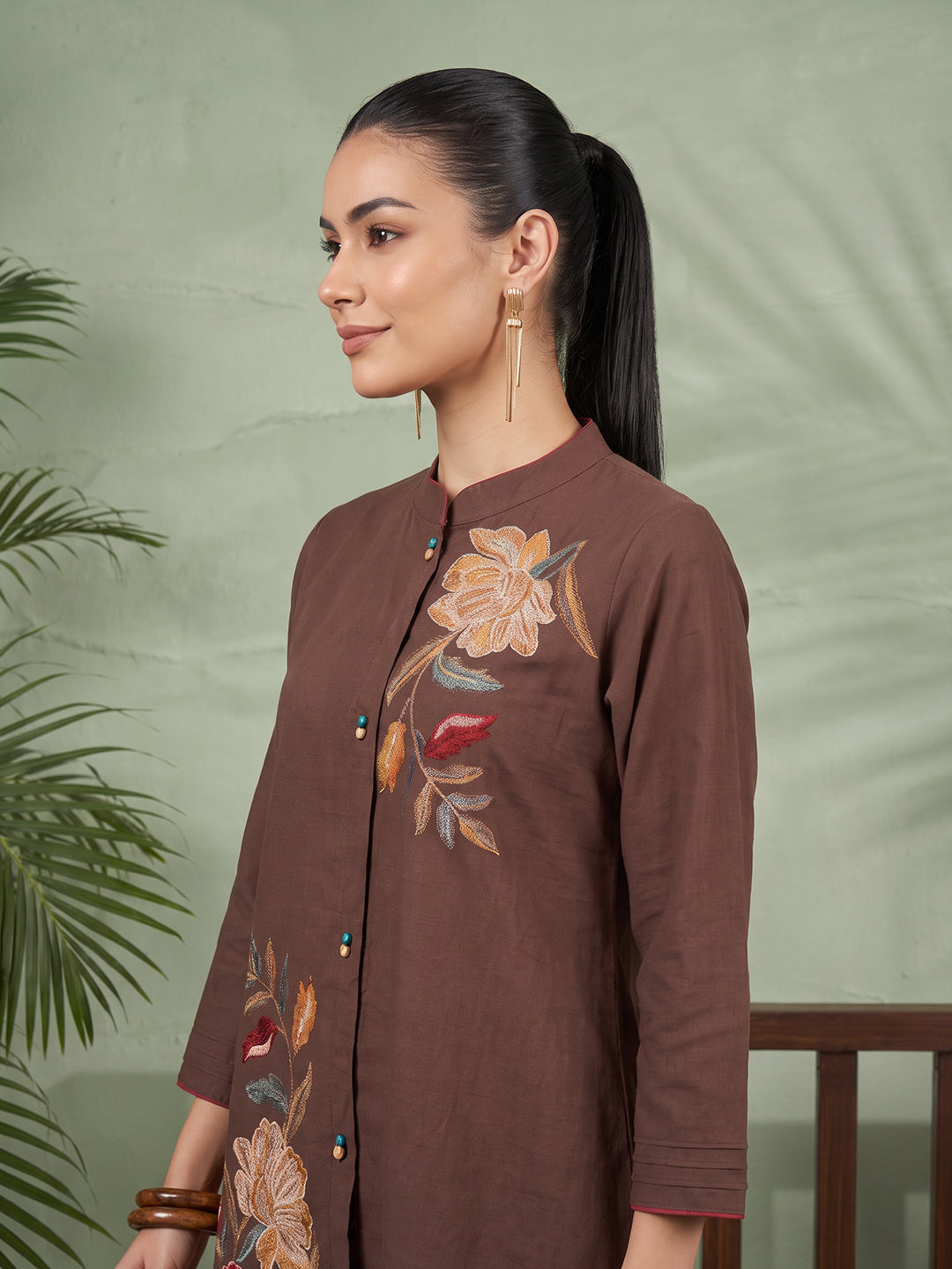 Zummer Women's Brown Embroidered Cotton Co-Ord Set with Mandarin Collar
