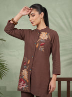 Zummer Women's Brown Embroidered Cotton Co-Ord Set with Mandarin Collar