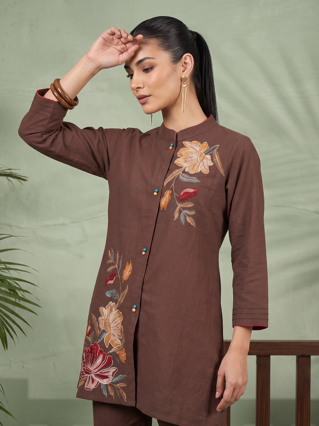 Zummer Women's Brown Embroidered Cotton Co-Ord Set with Mandarin Collar