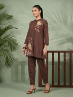 Zummer Women's Brown Embroidered Cotton Co-Ord Set with Mandarin Collar