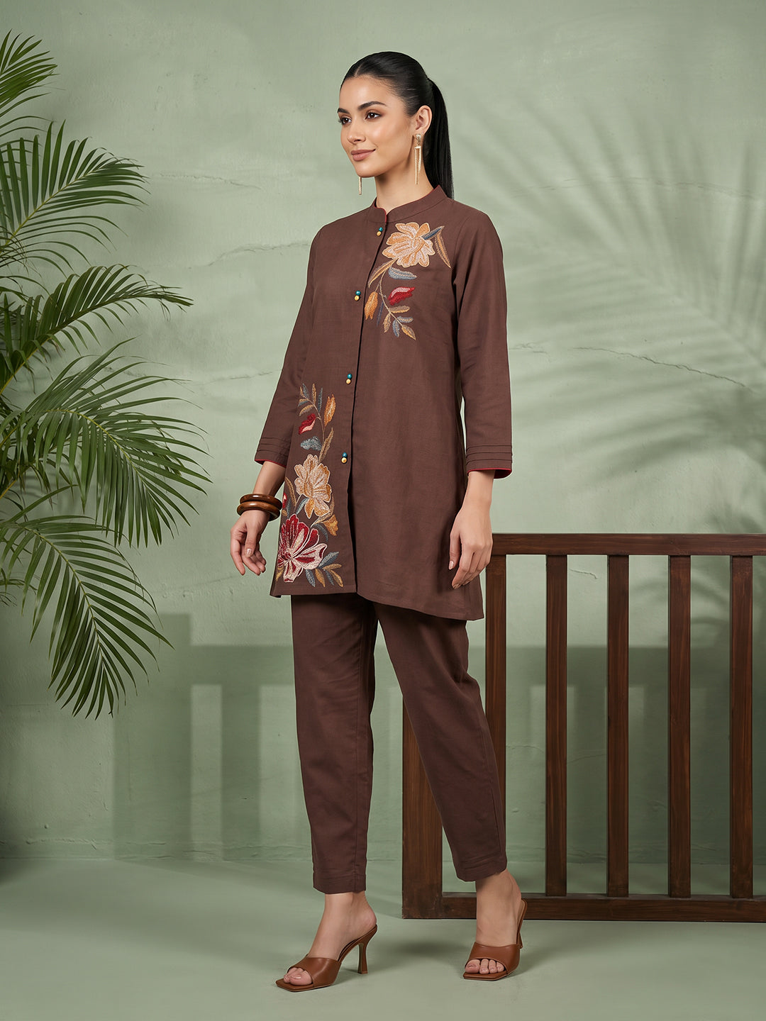 Zummer Women's Brown Embroidered Cotton Co-Ord Set with Mandarin Collar