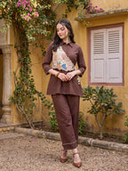 Zummer Women's Brown Embellished Cotton Co-Ord Set with Palazzos