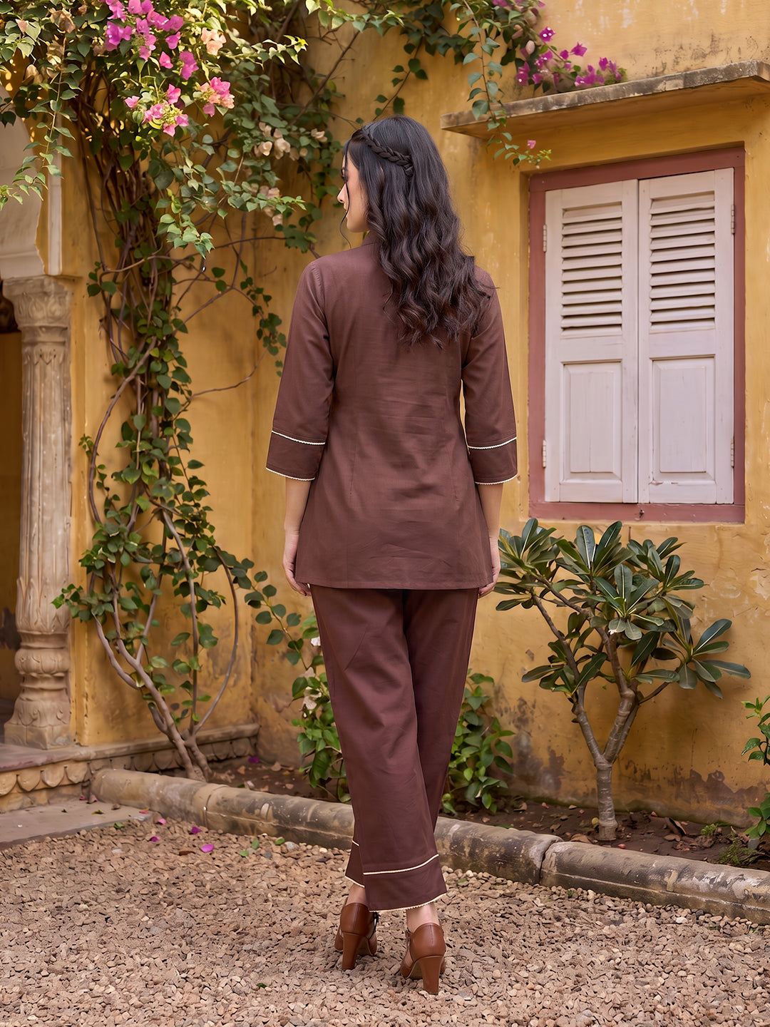 Zummer Women's Brown Embellished Cotton Co-Ord Set with Palazzos