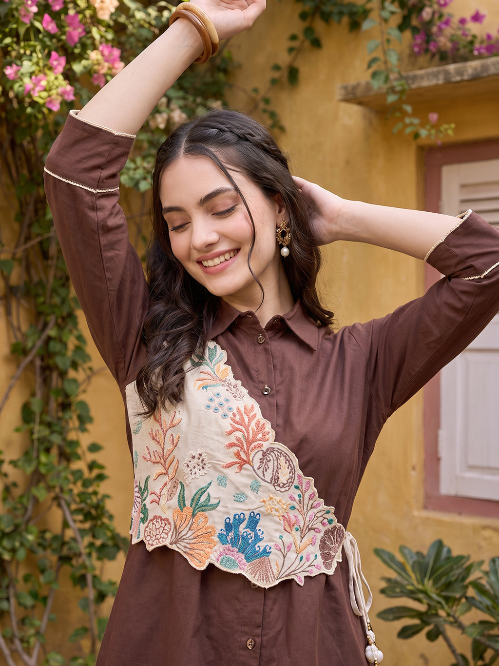 Zummer Women's Brown Embellished Cotton Co-Ord Set with Palazzos