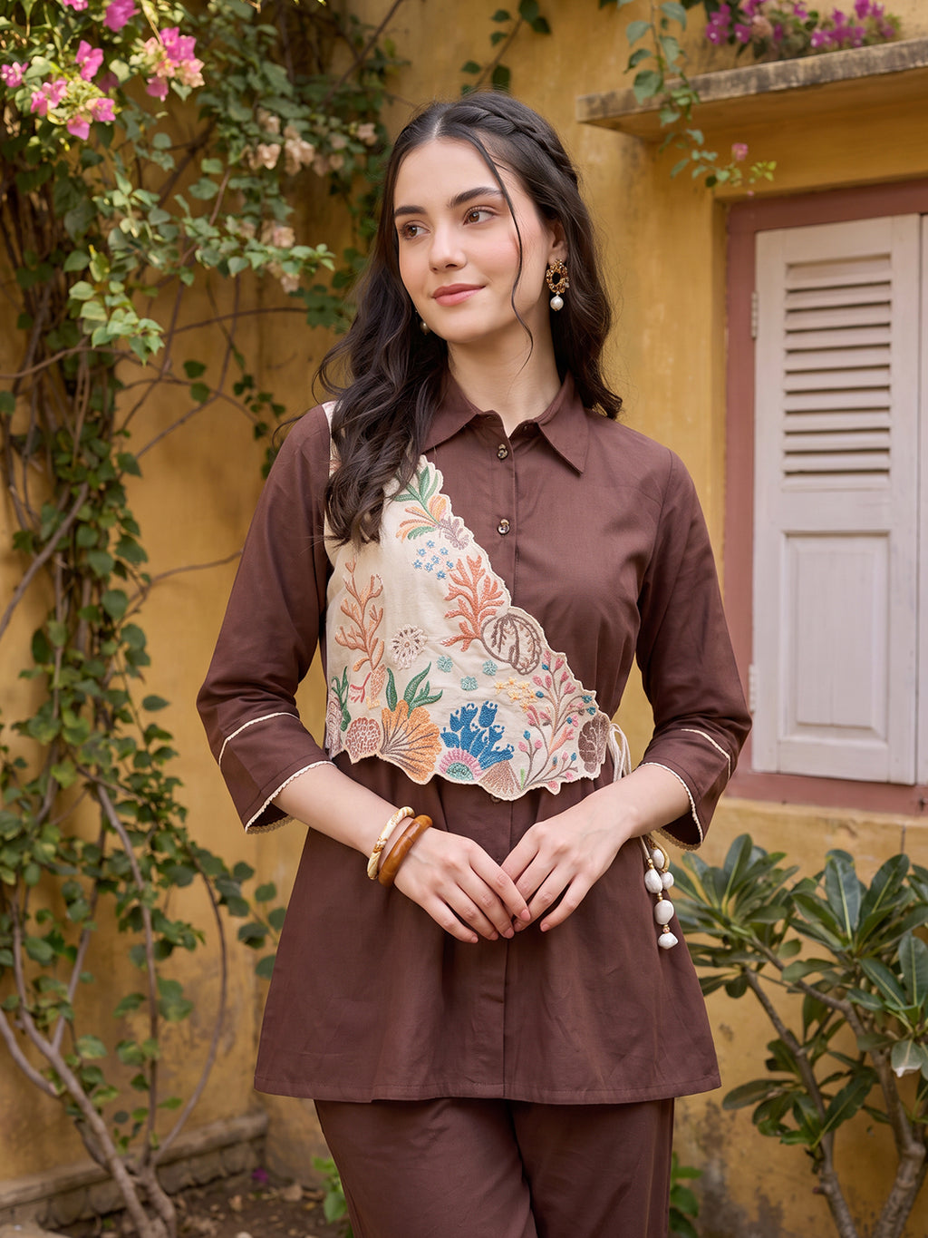 Zummer Women's Brown Embellished Cotton Co-Ord Set with Palazzos