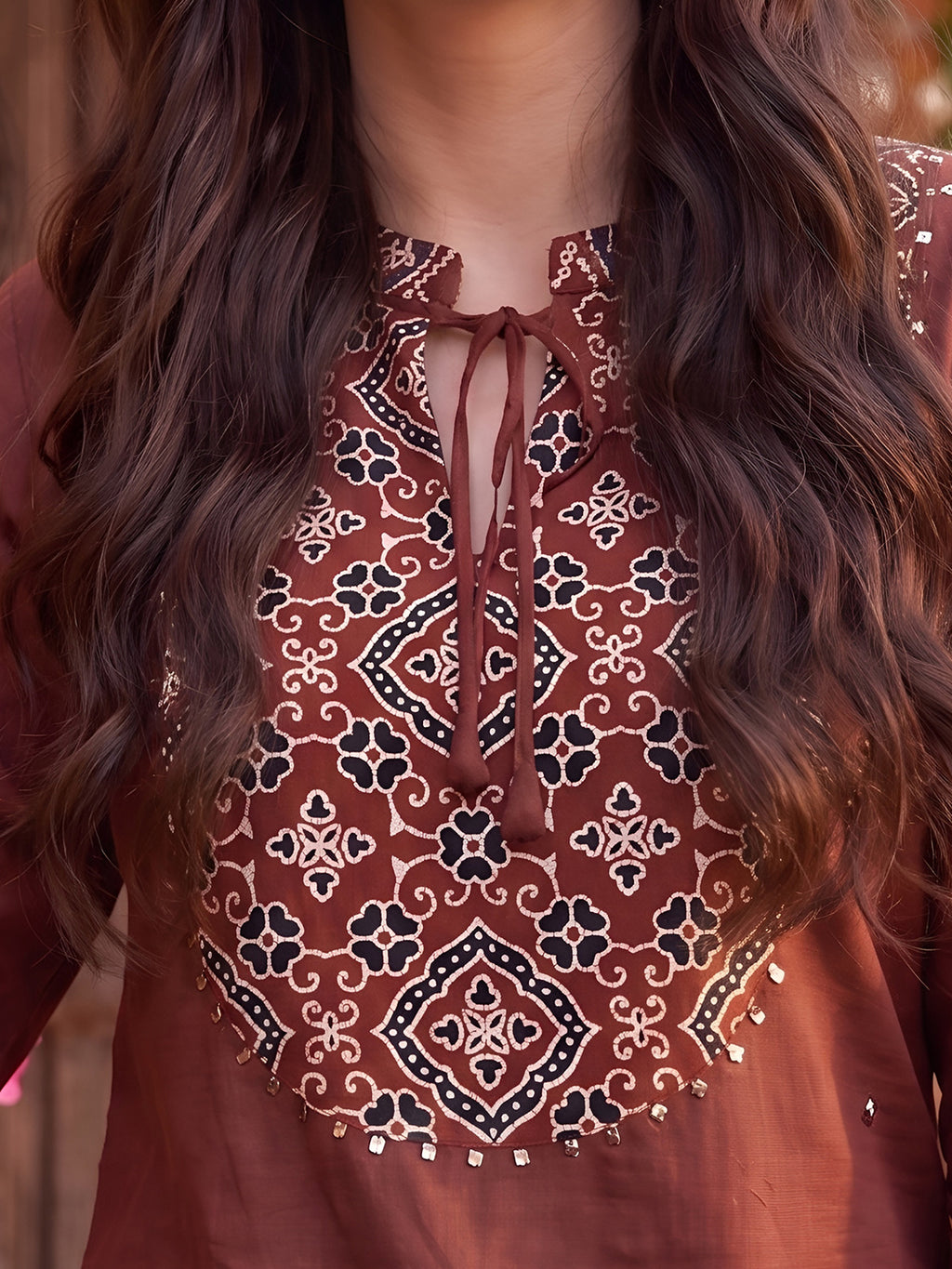 Zummer Women's Brown Printed Dhoti Co-Ord Set with Mandarin Collar