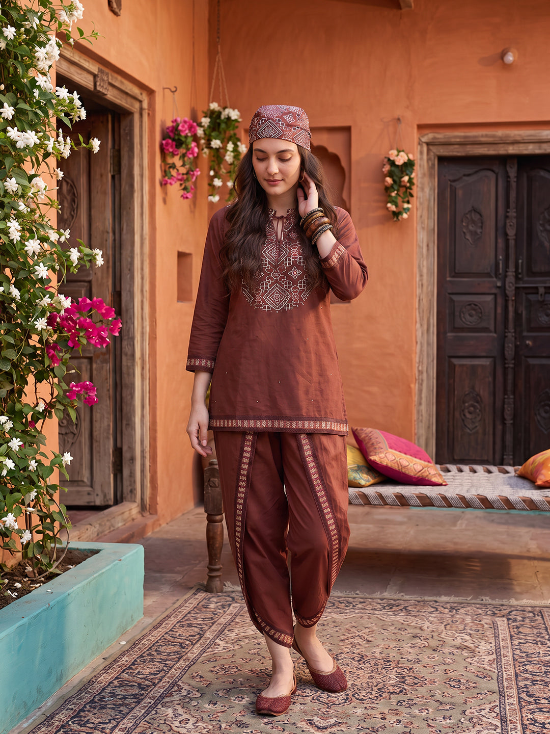 Zummer Women's Brown Printed Dhoti Co-Ord Set with Mandarin Collar