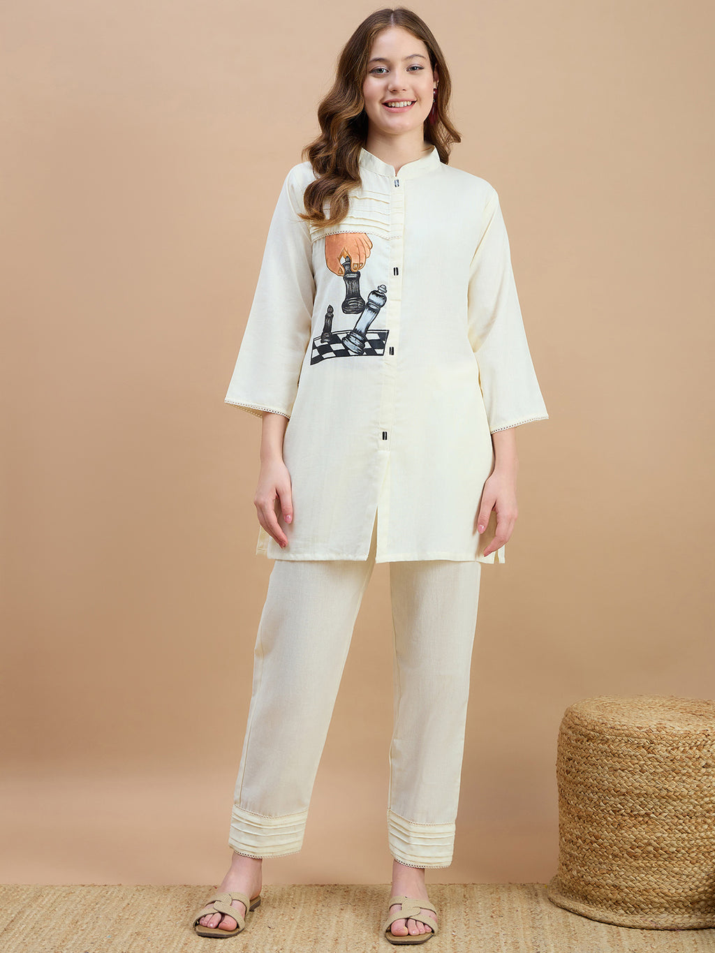 Cotton Colourblocked Tunic With Trouser Co-Ords Set