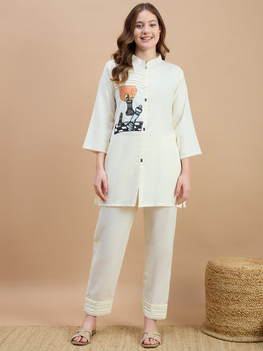 Cotton Colourblocked Tunic With Trouser Co-Ords Set