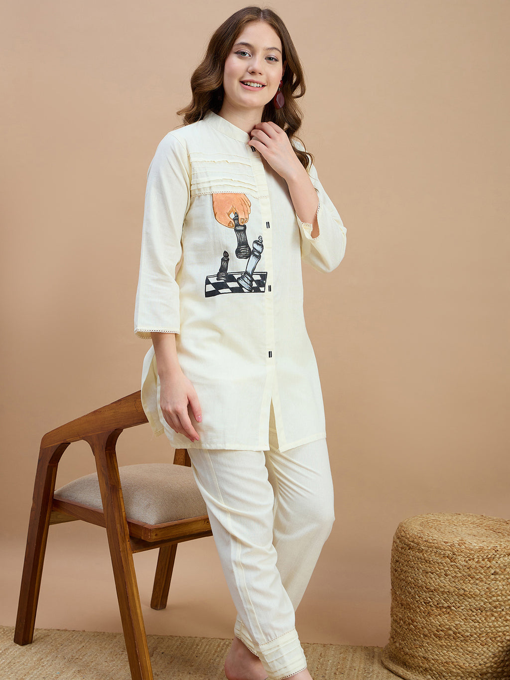Cotton Colourblocked Tunic With Trouser Co-Ords Set