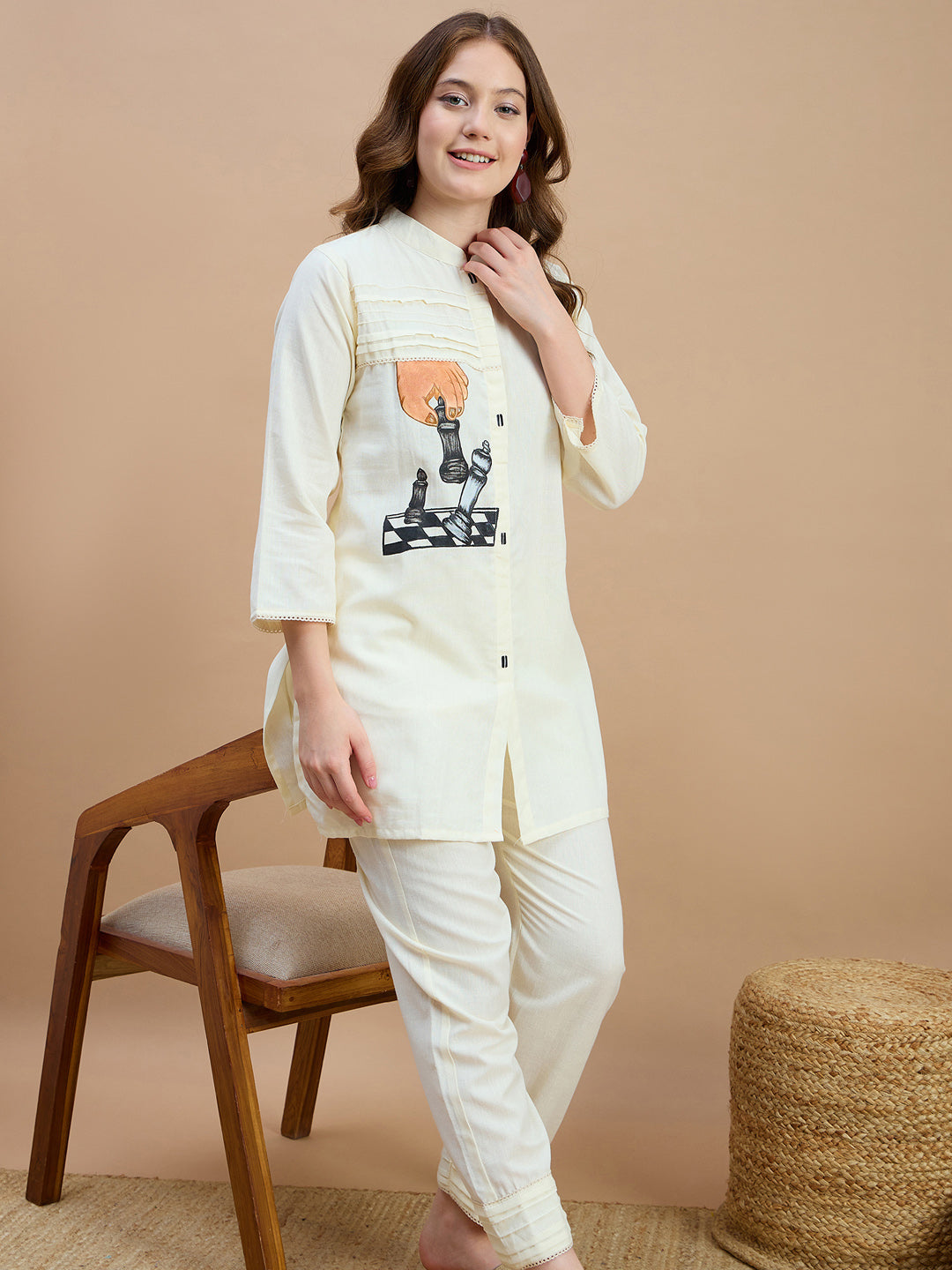 Cotton Colourblocked Tunic With Trouser Co-Ords Set