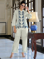 Cotton Geometric Embroidered Shirt With Trouser Co-Ords Set