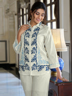 Cotton Geometric Embroidered Shirt With Trouser Co-Ords Set