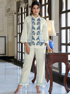 Cotton Geometric Embroidered Shirt With Trouser Co-Ords Set