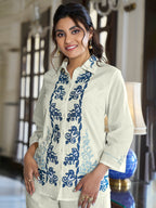 Cotton Geometric Embroidered Shirt With Trouser Co-Ords Set