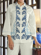 Cotton Geometric Embroidered Shirt With Trouser Co-Ords Set