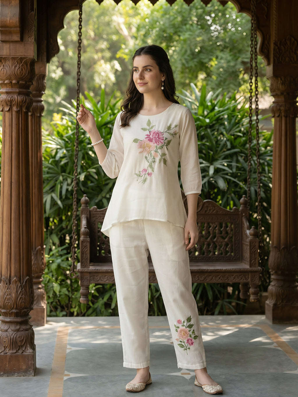Zummer Embroidered Co-ord Set – Cream Tunic & Trousers