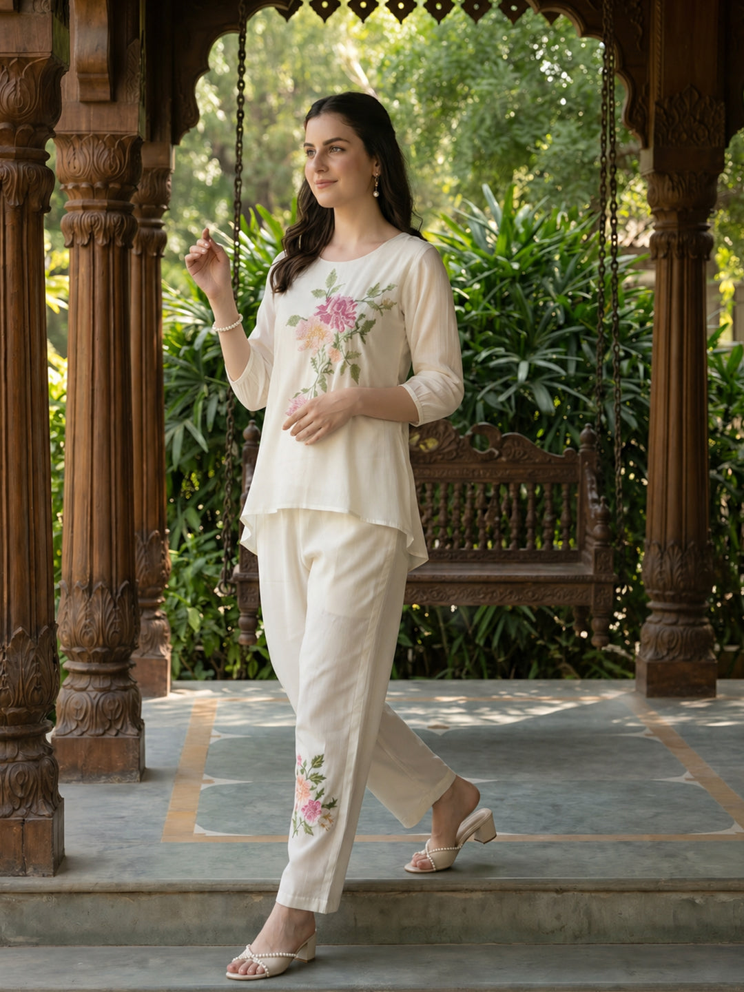 Zummer Embroidered Co-ord Set – Cream Tunic & Trousers