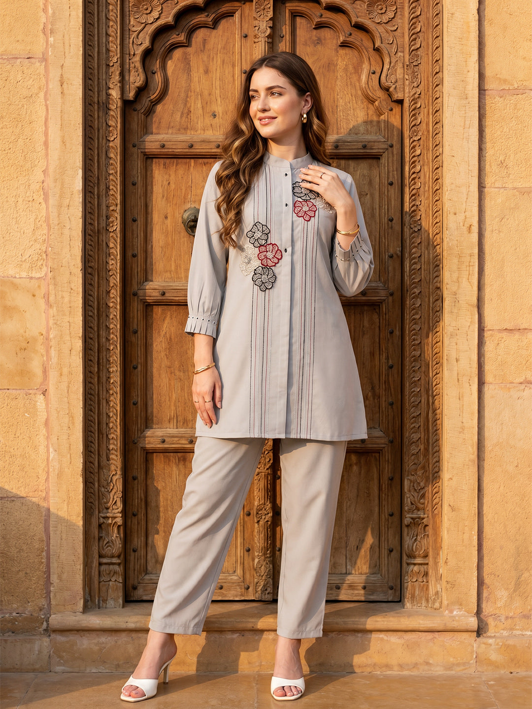Zummer Grey Embellished Cotton Co-Ord Set for Women