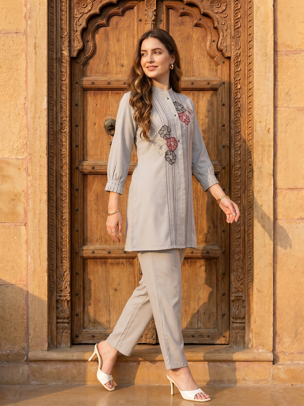 Zummer Grey Embellished Cotton Co-Ord Set for Women