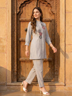 Zummer Grey Embellished Cotton Co-Ord Set for Women